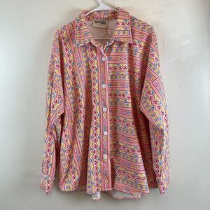 Savanna Jane Womens Aztec Geometric  Long Sleeve Button Up Pink 1X